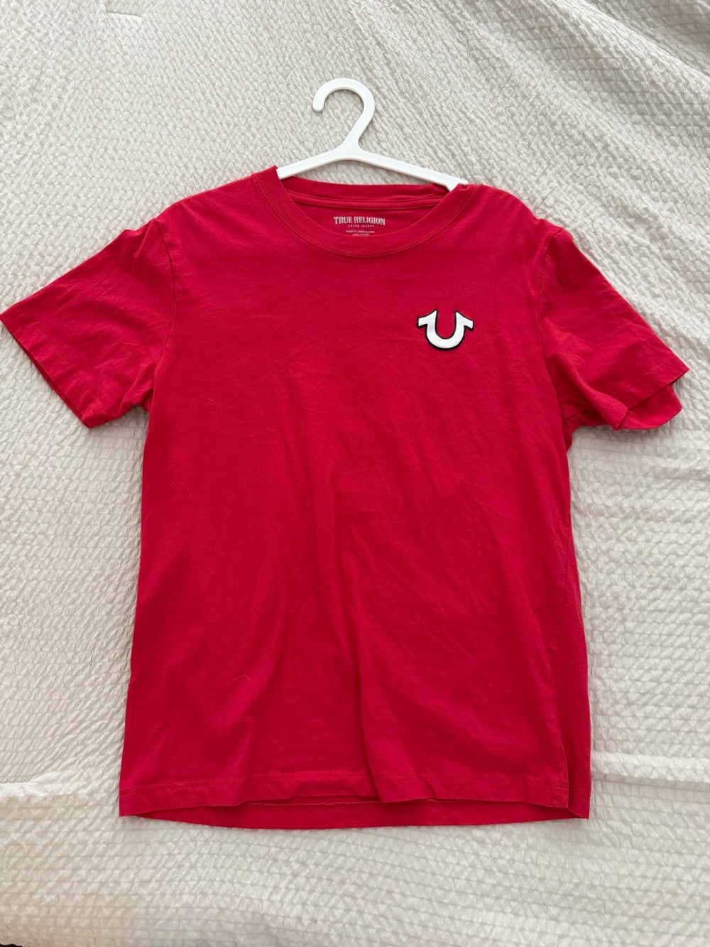 True Religion Red Crewneck with White Horseshoe Patch